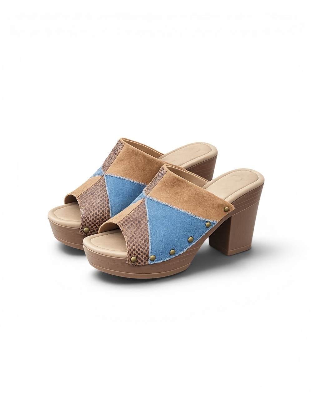 Y2K Patchwork Denim Suede Snake Print Platform Mule Heels Size 10 Chunky Indie